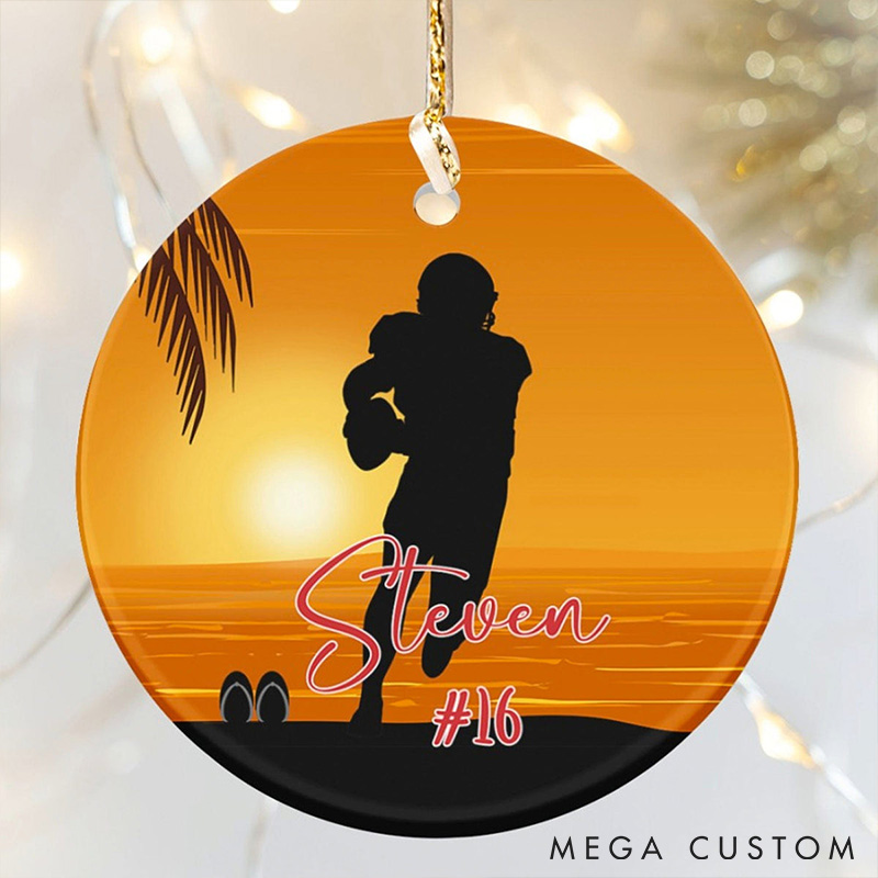Personalized American Football Ceramic Ornament with Player Silhouette and Custom Name and Number
