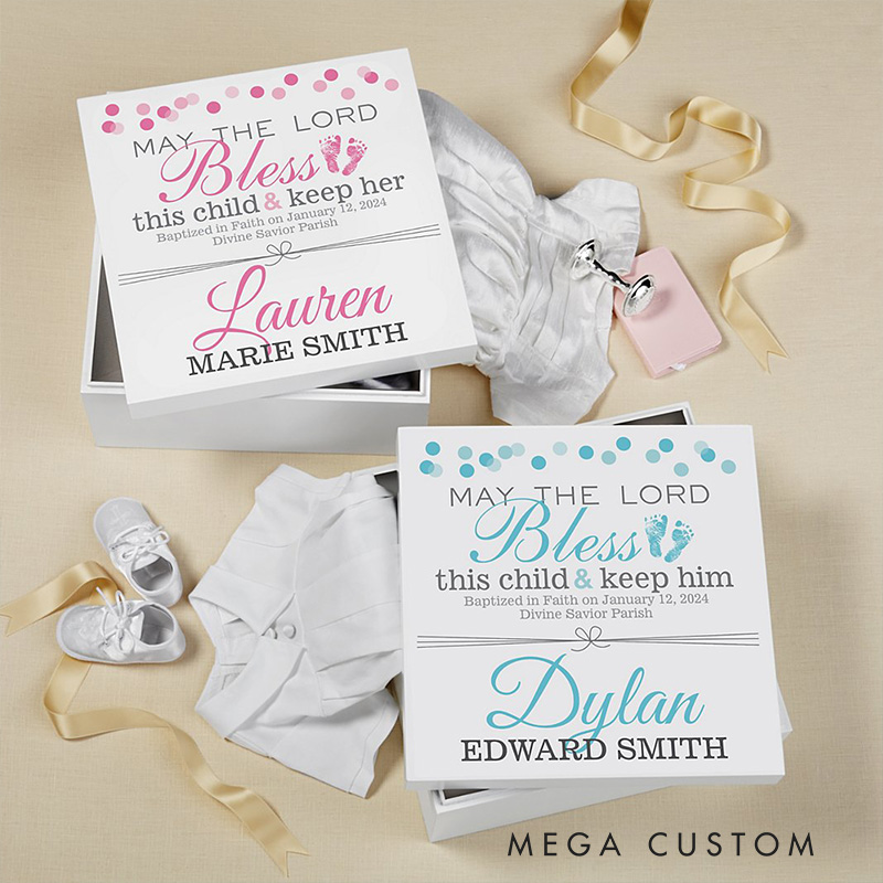 Personalized May the Lord Bless this Child White Wooden Keepsake Box with Name Religious Gift Baptism Gift for Boys and Girls