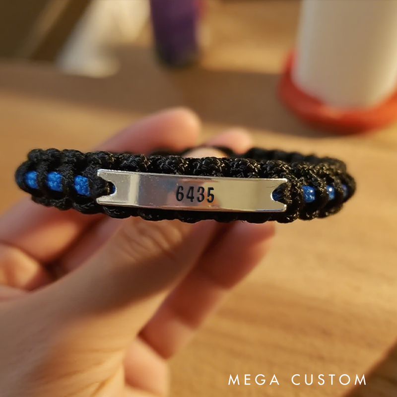 Personalized Thin Blue Line Paracord Bracelet with Engraved Badge Number Gift for Police