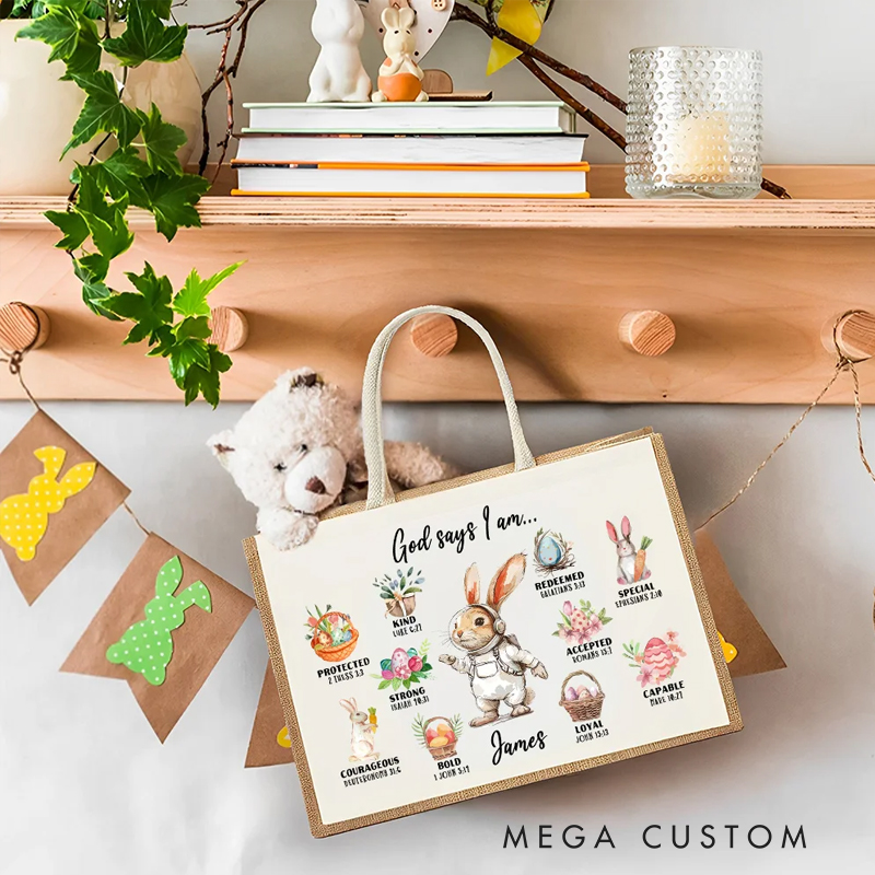 Personalized God Said I Am Cute Dream Job Bunny Bible Jute Tote Bag with Name and Canvas Pocket Easter Birthday Christian Gift for Kids