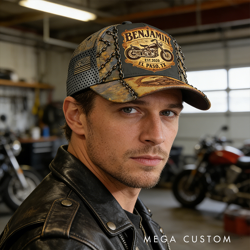 Personalized Motorcycle Cap Vintage Bike Custom Name Cap Gift for Bikers and Motorcycle Fans