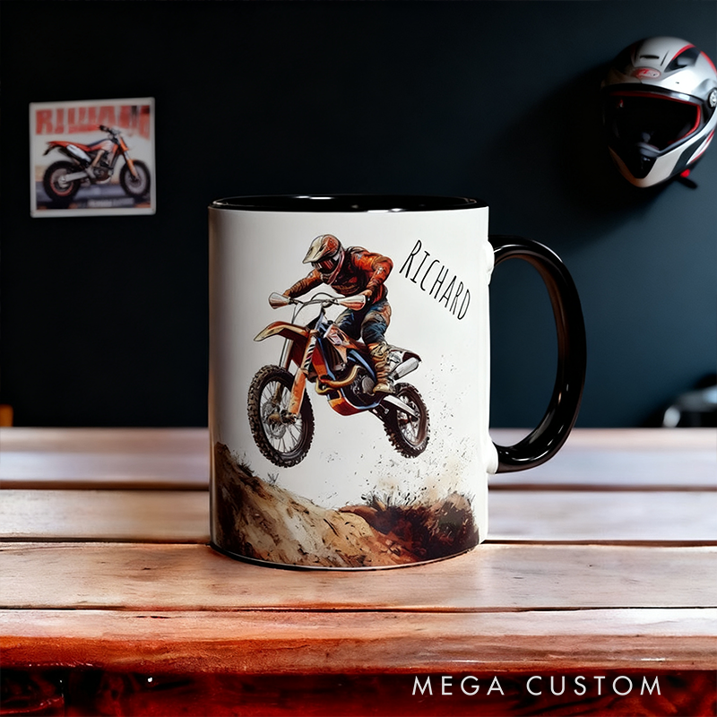 Personalized Motocross Mug Custom Dirt Bike Coffee Cup Ceramic Off Road Racing Gift Extreme Sports Cup with Rider Name for Motorcycle Lovers