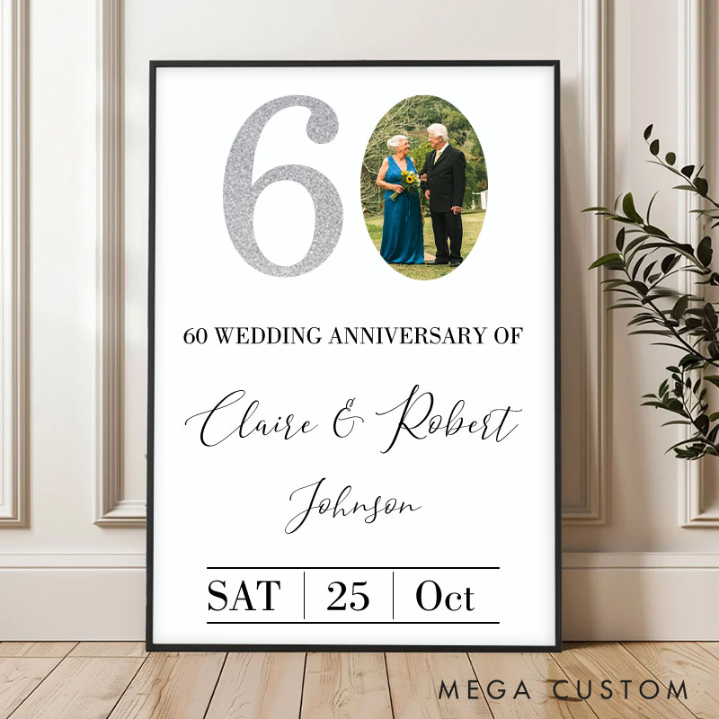 Personalized 60 Years Anniversary Canvas Painting Diamond Anniversary Canvas with Photo Husband Wife Anniversary Painting Gift