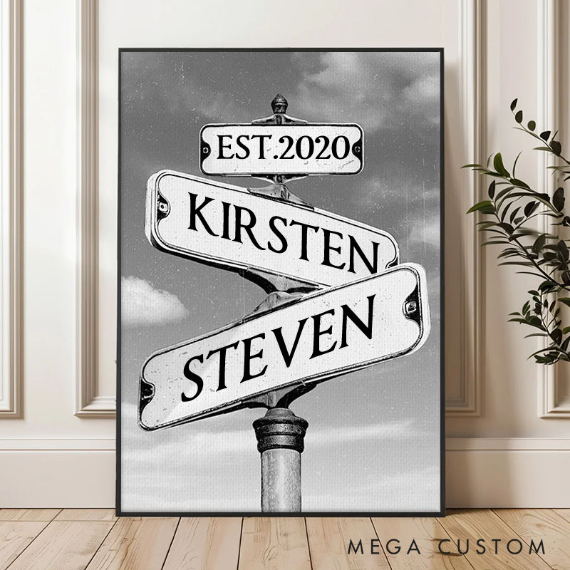 Personalized Anniversary Crossroads of Love Canvas Painting Idea Street Sign Couple Canvas Painting Gift for Husband Wife Couple Anniversary Painting