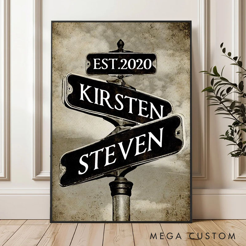 Personalized Anniversary Crossroads of Love Canvas Painting Vintage  Nostalgic Crossing Sign Couple Canvas Painting Gift for Couple