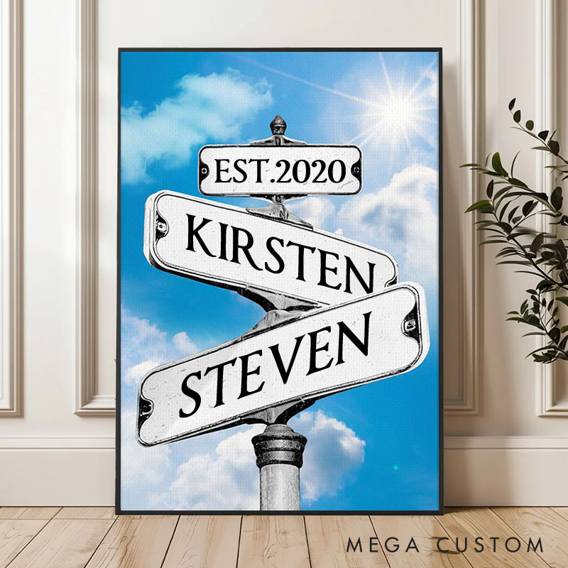 Personalized Anniversary Crossroads of Love Canvas Painting Blue Sky Crossing Street Sign Couple Canvas Painting Gift for Couple