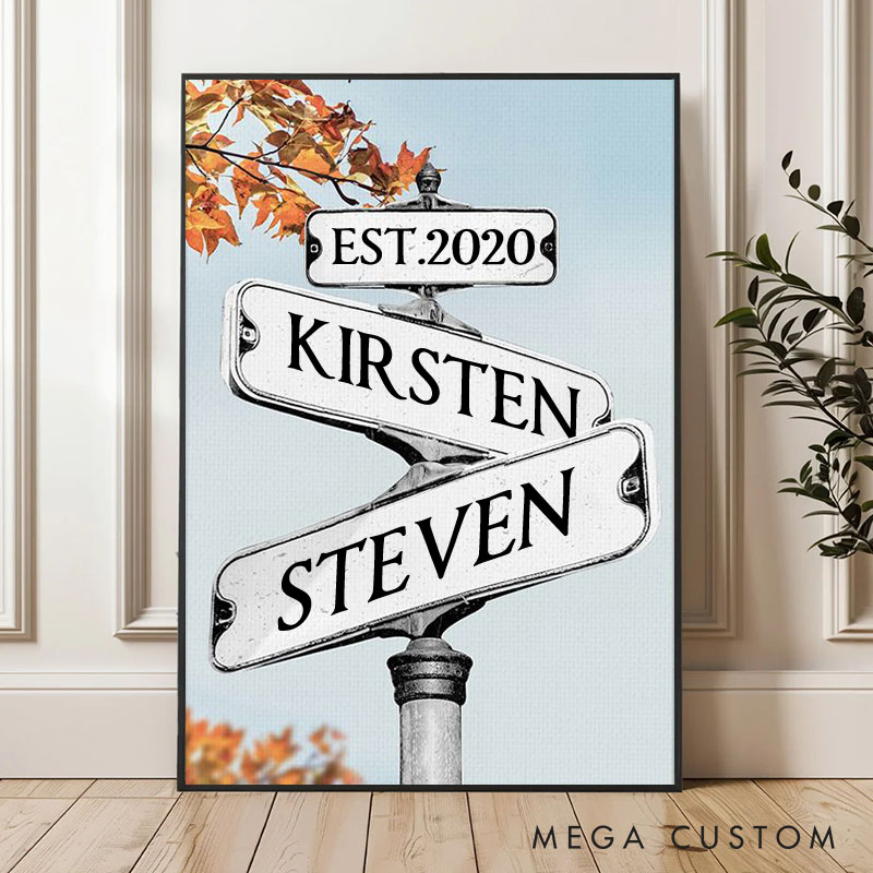 Personalized Anniversary Crossroads of Love Canvas Painting Love Story Journey Autumn Leaves Street Sign Couple Canvas Painting Gift for Couple