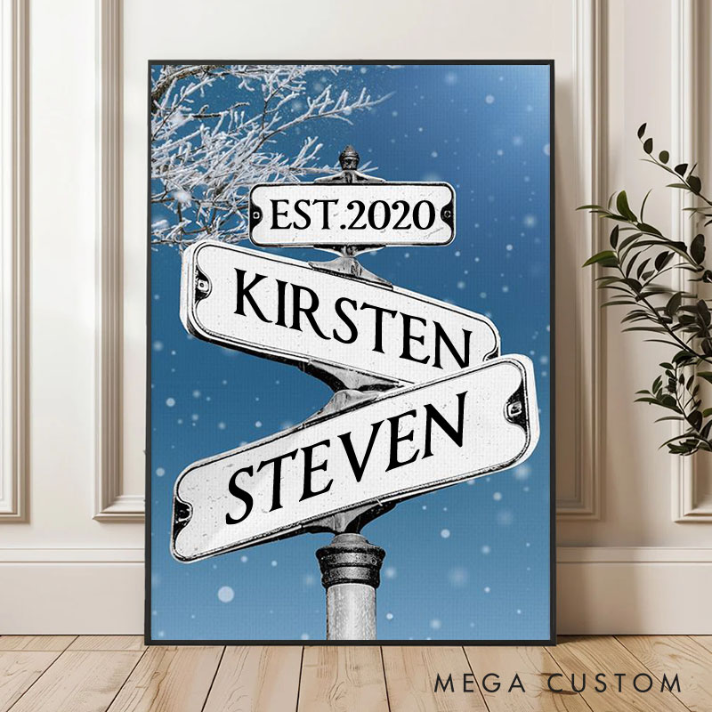 Personalized Anniversary Crossroads of Love Canvas Painting Couple Winter Love Story Street Sign Canvas Painting Gift for Couple
