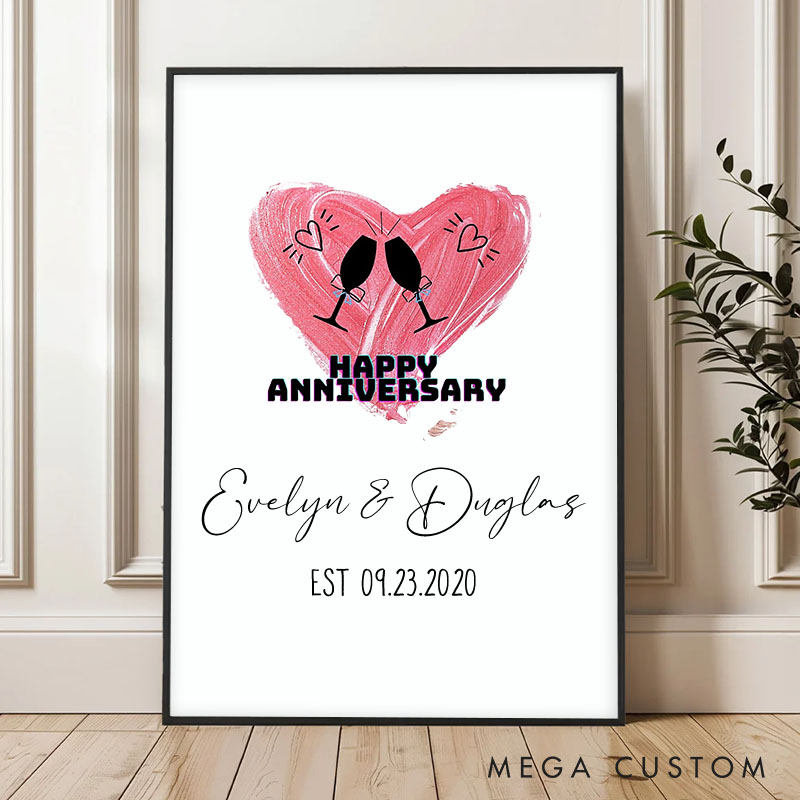 Personalized Couple 20th Anniversary Canvas Painting Romantic Pink Heart Cheers Champagne Painting Couple Anniversary Gift Canvas Painting
