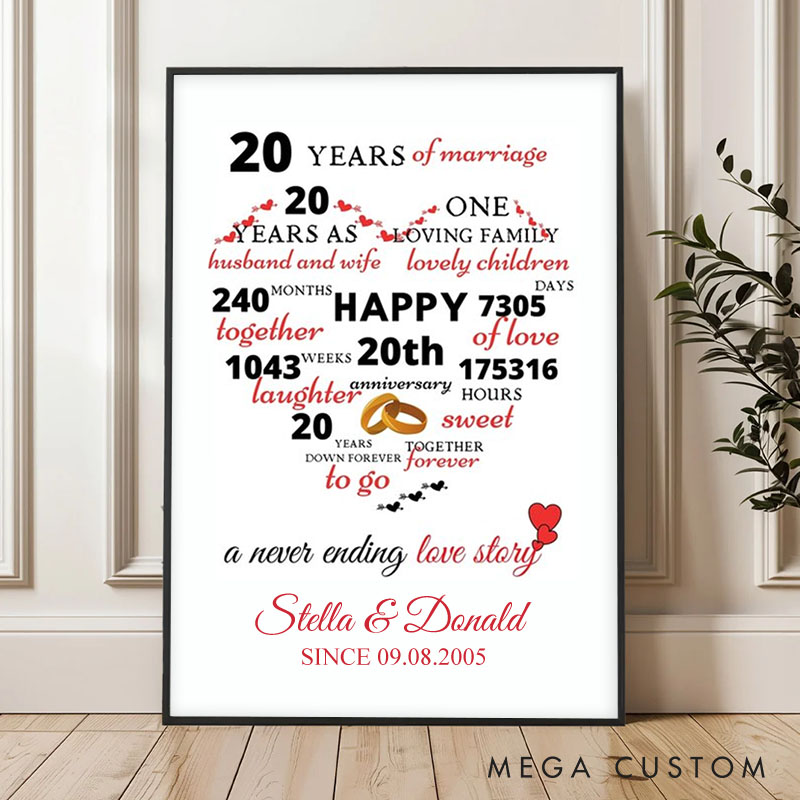 Personalized 20 Years of Love Heart Canvas Painting Couple Never-Ending Story Painting Wedding Anniversary Canvas Painting for Husband Wife