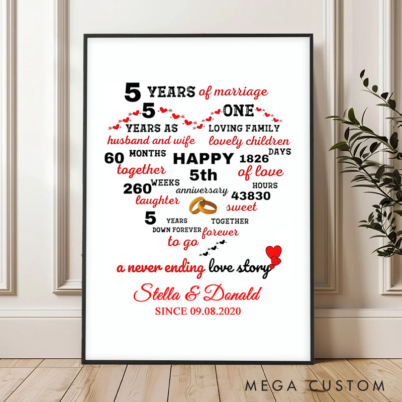 Personalized 5 Years of Love Heart Canvas Painting Couple Never-Ending Story Painting Timeless Anniversary Canvas Painting for Husband Wife