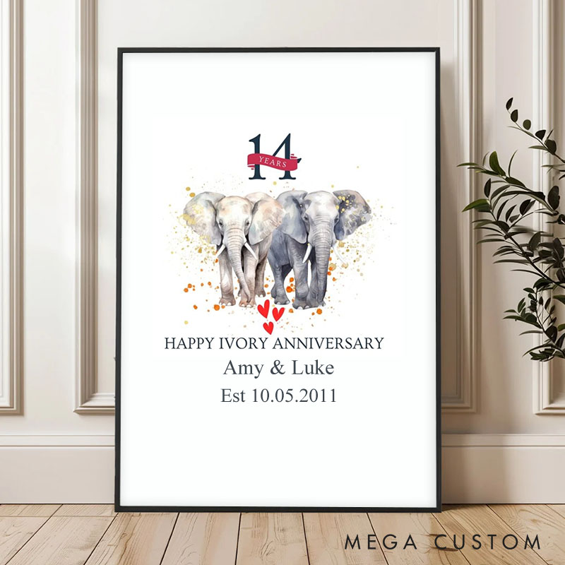 Personalized Happy Ivory Anniversary Painting Celebrating Couple 14 Years of Love Canvas Painting 14th Anniversary Gift for Husband Wife