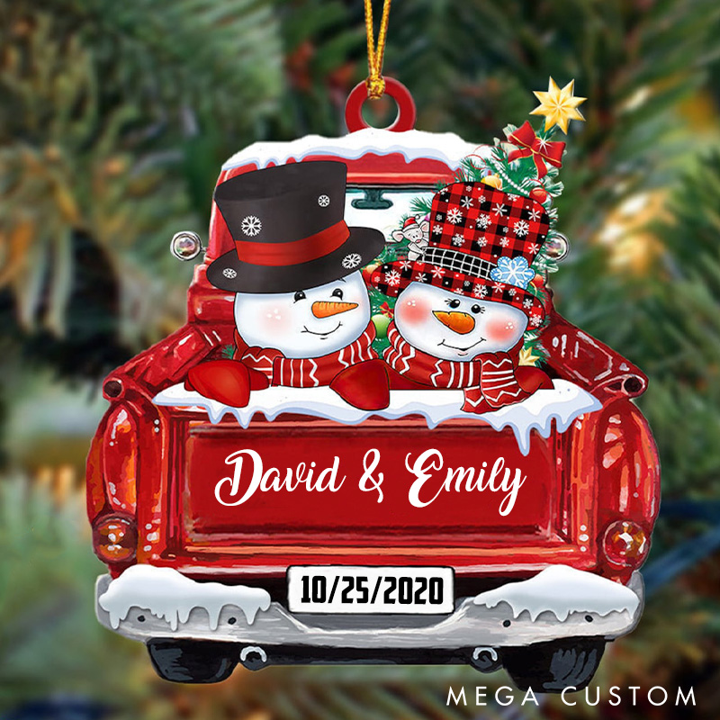 Personalized Snowman Couple Ornament Acrylic Snowman Red Truck Christmas Ornaments Gift for Couple Christmas Truck Ornament