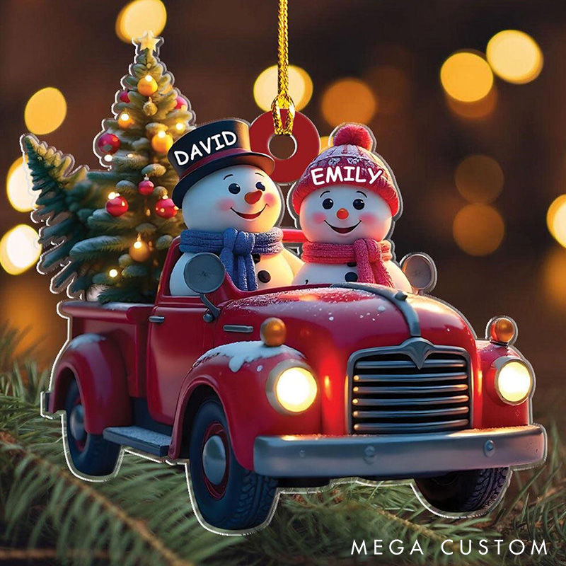 Personalized Snowman Christmas Ornament Acrylic Red Truck Christmas Ornament Snowman Couple Ornament Custom Name Ornament