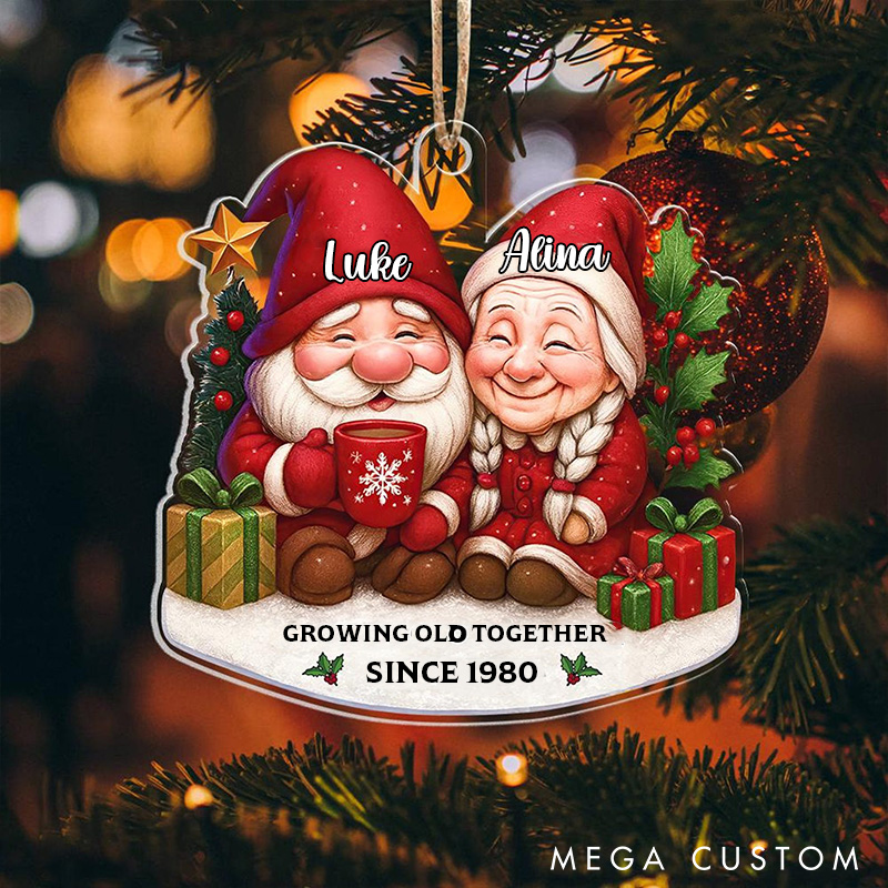 Personalized Couple Gnome Christmas Ornament Acrylic Growing Old Together Since Year Anniversary for Husband Wife Xmas Keepsake