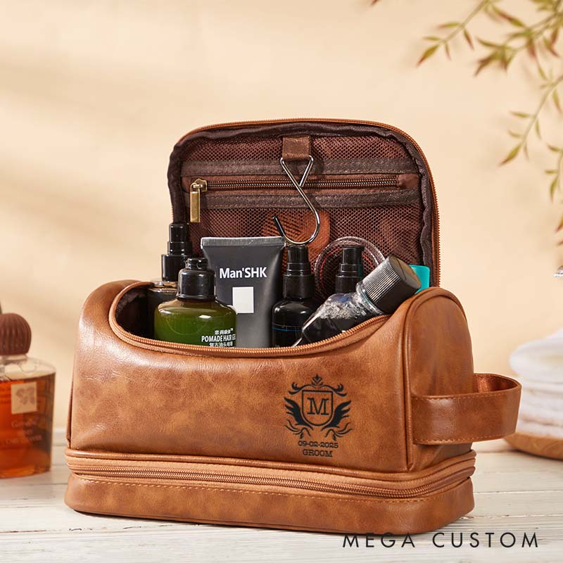 Personalized Groomsmen Shaving Kit Bag Engraved Leather Toiletry Bag for Groom Regal Crest Design Men’s Travel Bag for Wedding Party
