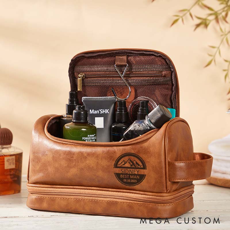 Personalized Groomsmen Leather Dopp Kit Groom Bachelor Party Toiletry Bag Men’s Striking Mountain Design Travel Bag Groomsman Proposal Gift Bag
