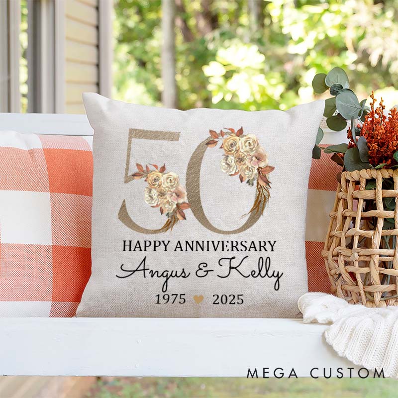 Personalized 50th Anniversary Pillow Couple Golden Wedding Anniversary Pillow Floral Design Couple 50 Years Anniversary Gift for Husband Wife
