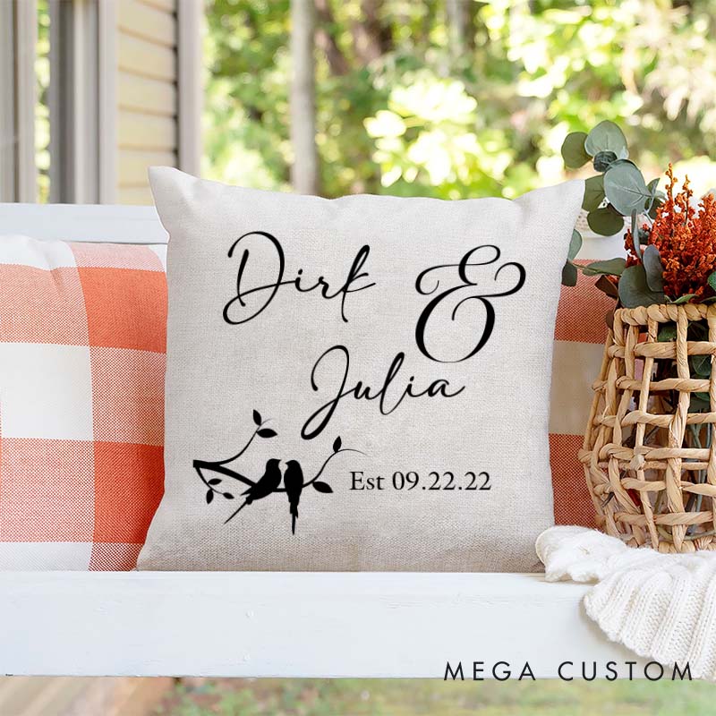 Personalized Love Birds Couple Pillow Custom Wedding Anniversary Gift Pillow for Couple Home Decor Pillow With Name and Date