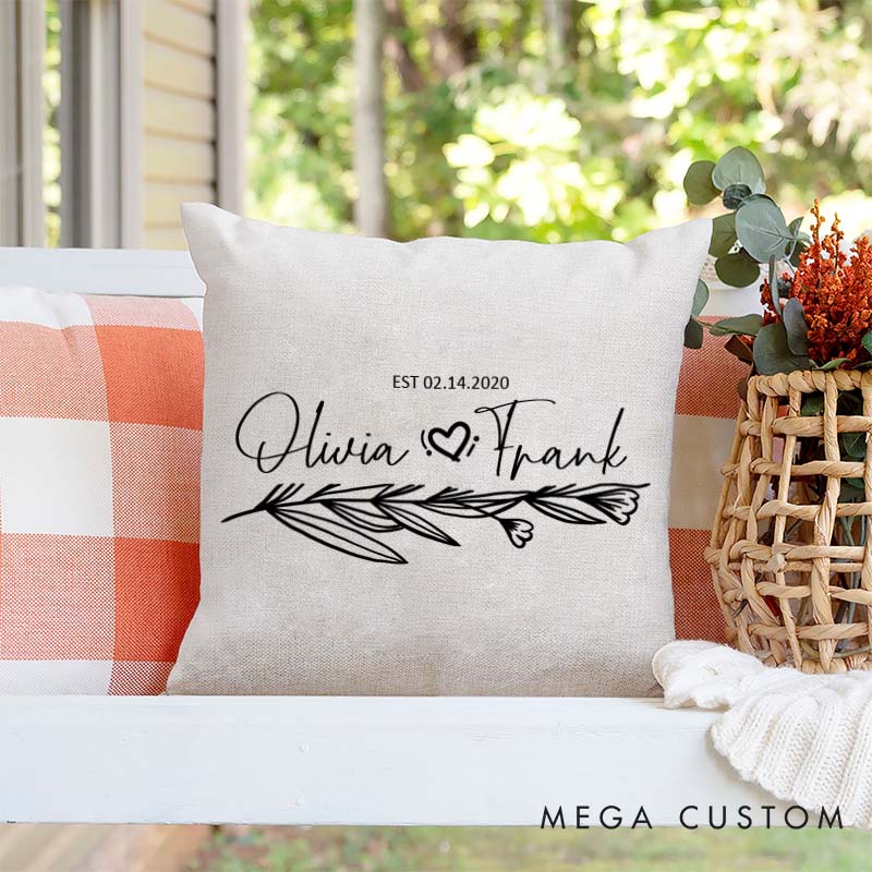 Personalized Couple Anniversary Pillow Wife Husband Wedding Anniversary Pillow Romantic Floral Branch Design Pillow with Name and Date