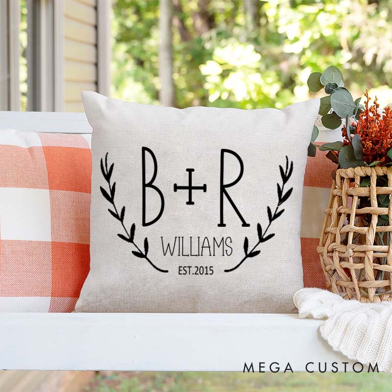 Personalized Couple Initials Pillow Custom Husband Wife Wedding Anniversary Gift Pillow Rustic Laurel Design Anniversary Pillow for Couple