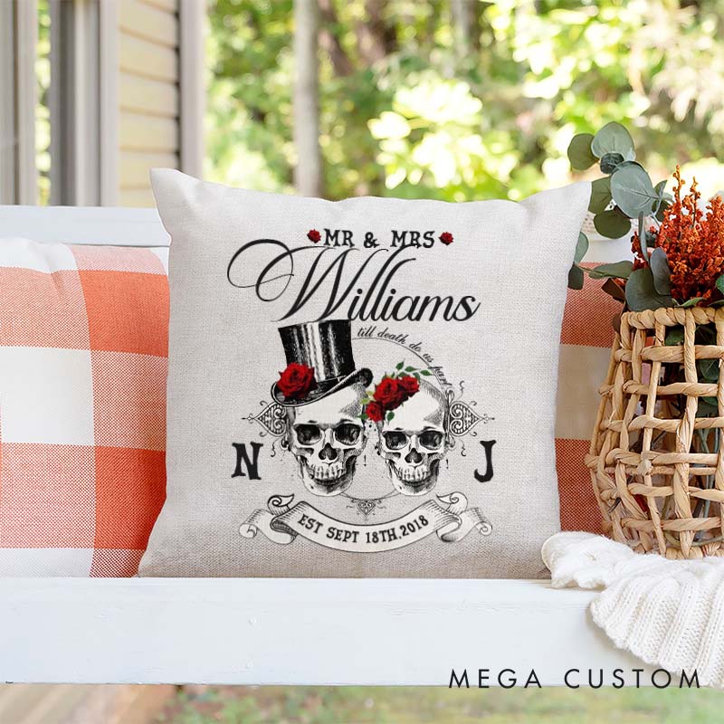 Personalized Gothic Couple Anniversary Pillow Woman Man Wedding Anniversary Pillow Skull Couple Design Pillow with Name and Established Date