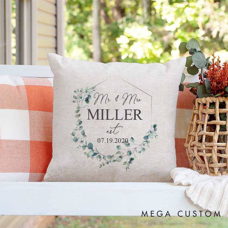 Personalized Mr. and Mrs. Pillow Couple Wedding Anniversary Pillow Elegant Floral Wreath Design Pillow with Name and Date