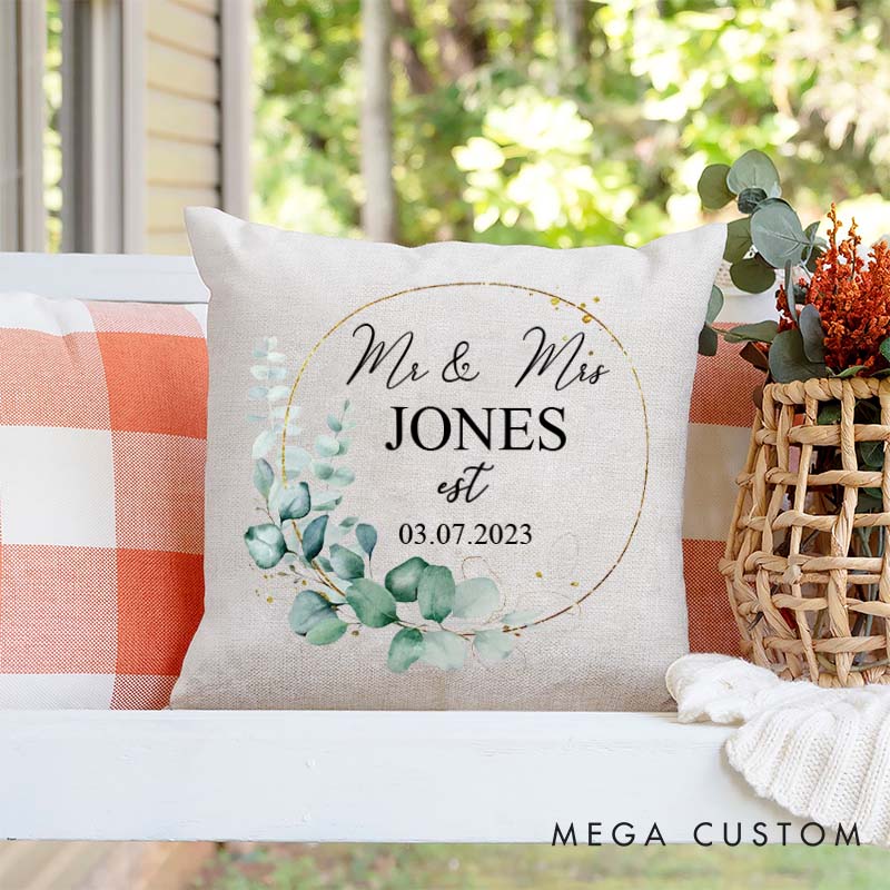 Personalized Mr. and Mrs. Anniversary Pillow Couple Wedding Anniversary Pillow Elegant Greenery Wreath Design Pillow with Name and Date
