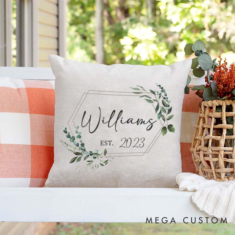 Personalized Couple Anniversary Named Pillow Elegant Greenery Design Pillow with Established Date Husband Wife Anniversary Gift Pillow