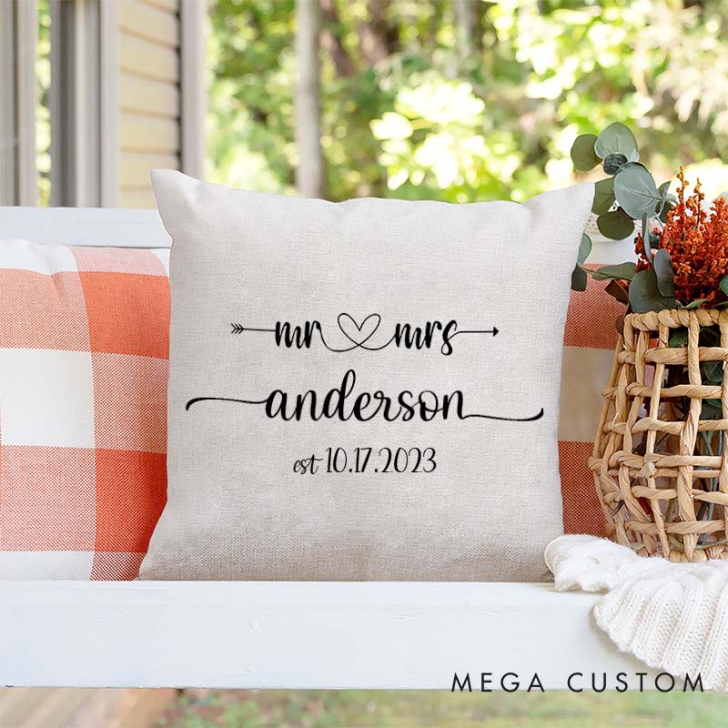 Personalized Mr. and Mrs. Pillow Couple Anniversary Pillow for Husband Wife Elegant Arrow and Heart Design Pillow with Last Name and Date