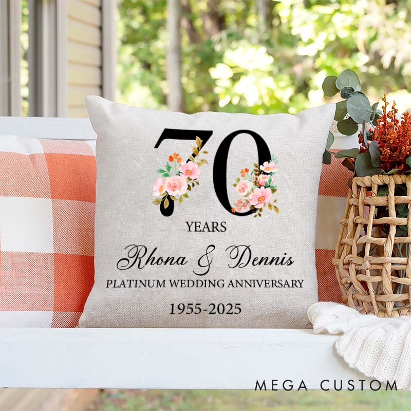 Personalized 70th Anniversary Pillow Couple Platinum Wedding Anniversary Gift Pillow Floral Number Design Pillow for Husband Wife