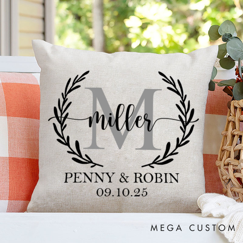 Personalized Couple Elegant Wreath Pillow with Initials Couple Name Valentine's Day Pillow Mr. and Mrs. Pillow Husband Wife Gift for Him Her