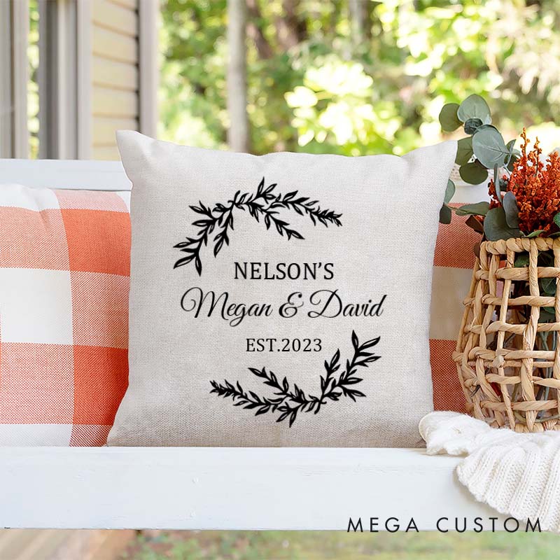 Personalized Couple Wedding Anniversary Pillow Husband Wife Cotton Anniversary Pillow Elegant Wreath Design Pillow with Names and Date