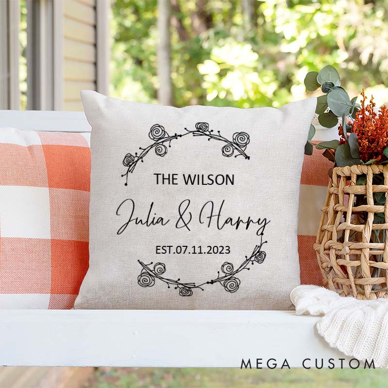 Personalized Couple Wedding Anniversary Pillow Rose Wreath Design Pillow with Names and Year Husband Wife Anniversary Gift