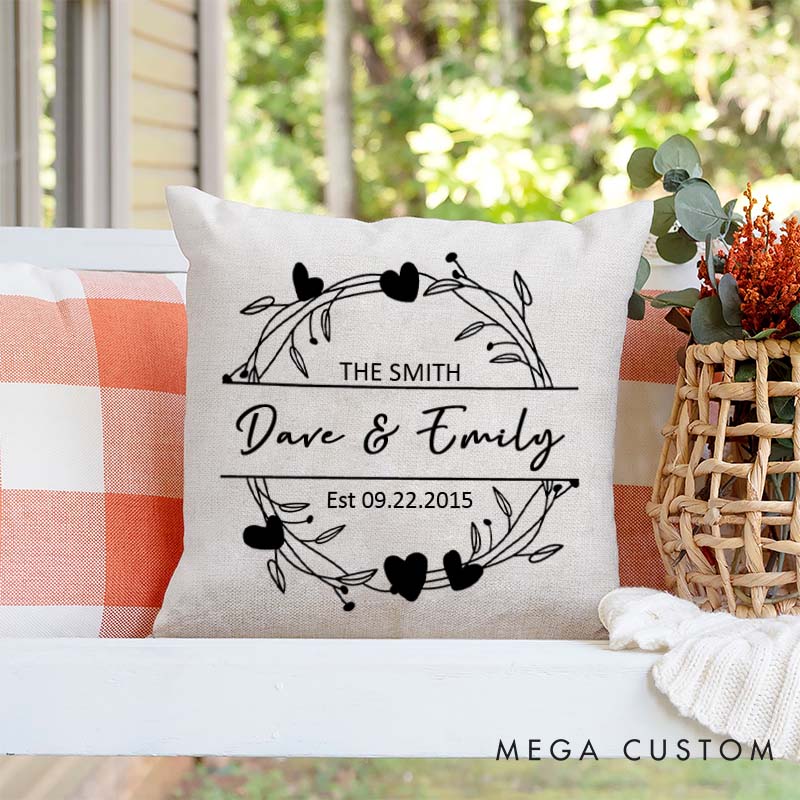 Personalized Couple Pillow Husband Wife Anniversary Pillow Romantic Heart Wreath Design Pillow with Names and Established Year