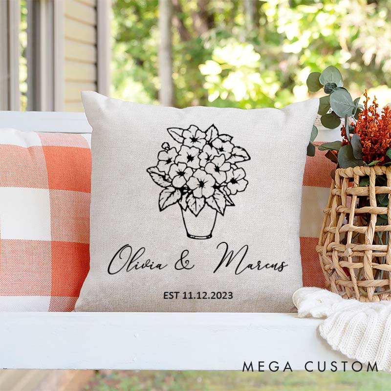 Personalized Floral Couples Pillow Couple Wedding Anniversary Gift Pillow for Her Him Elegant Design Pillow with Names and Established Date