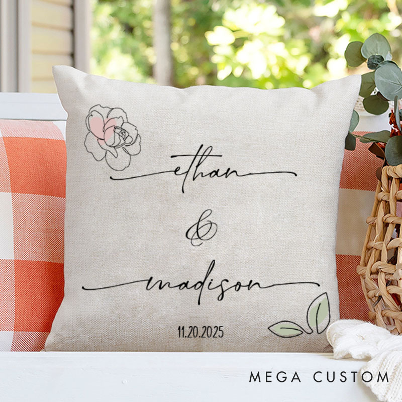 Personalized Couple Flower and Leaf Pillow Custom Couple Name Valentine's Day Pillow Boyfriend Girlfriend Gift Husband Wife Pillow for Him Her