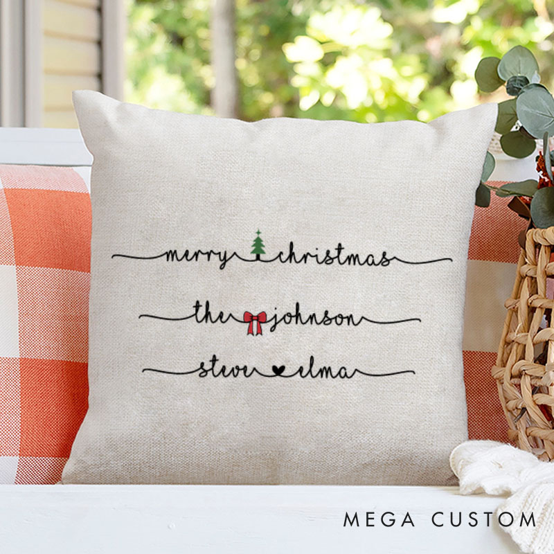 Personalized Couple Merry Christmas Pillow Custom Couple Xmas Tree and Bow Pillow with Name Boyfriend Girlfriend Gift Husband Wife Pillow for Him Her