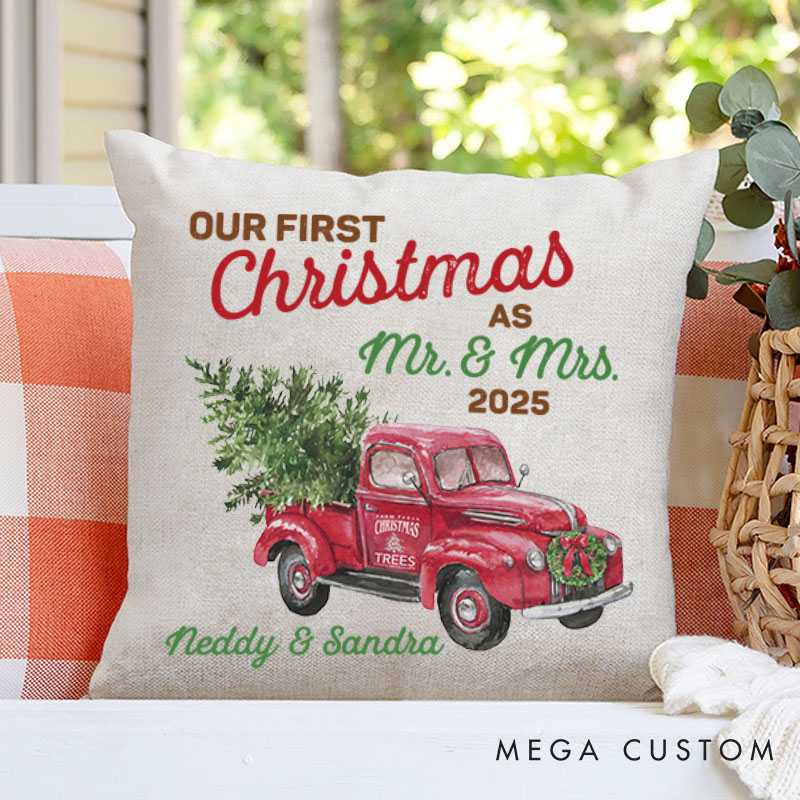 Personalized Couple Our First Christmas as Mr. and Mrs. Pillow Newlyweds Name Pillow Xmas Truck with Tree Pillow Husband Wife Pillow for Him Her