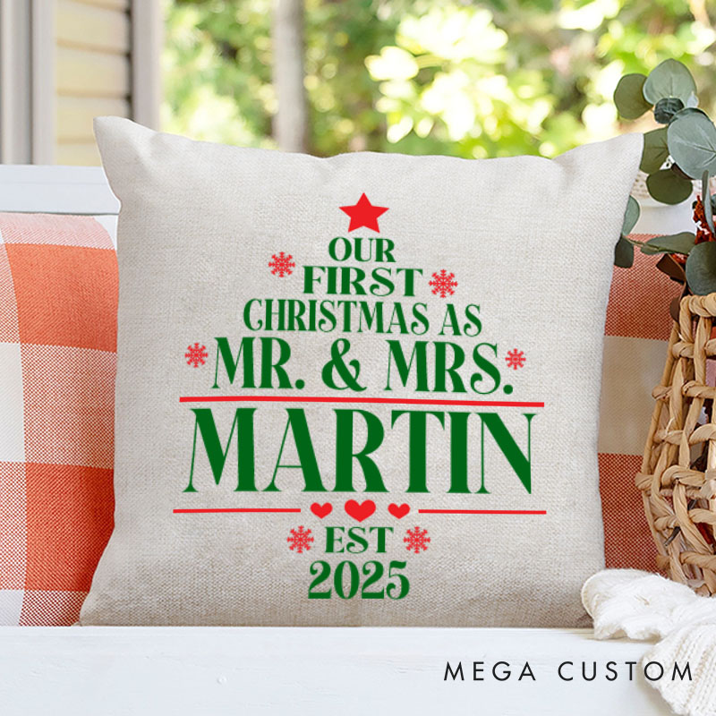 Personalized Couple Our First Christmas as Mr. and Mrs. Pillow Newlyweds Name Pillow Xmas Tree Pillow 2025 Husband Wife Pillow for Him Her
