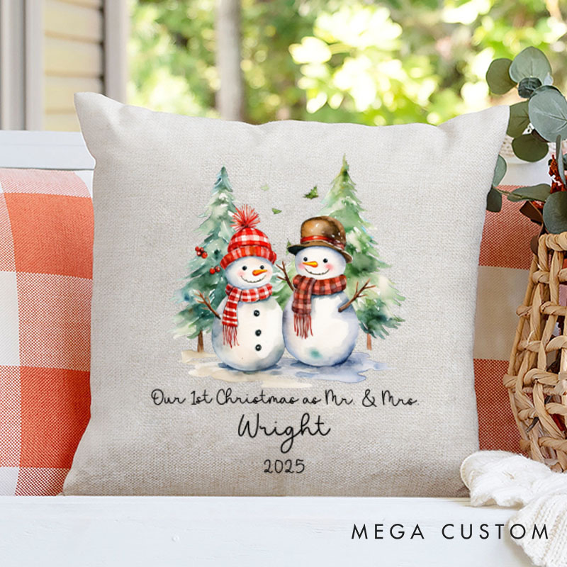 Personalized Couple Our First Christmas as Mr. and Mrs. Pillow Newlyweds Name Pillow Xmas Snowman and Tree Pillow 2025 Husband Wife Pillow for Him Her