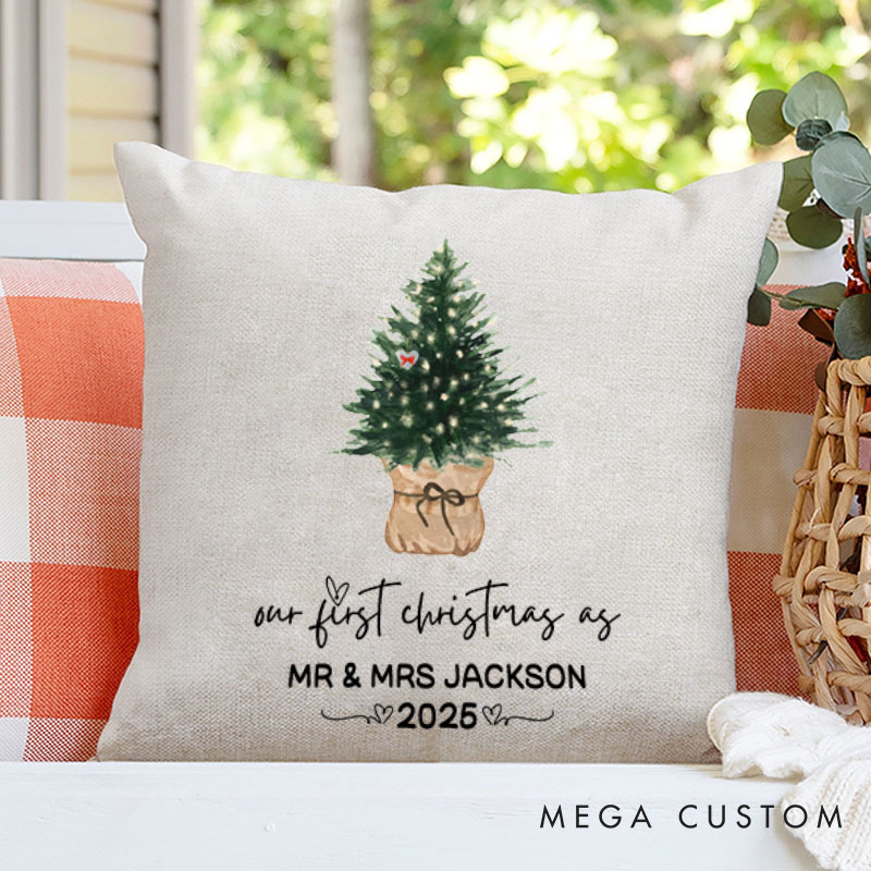 Personalized Couple Our First Christmas as Mr. and Mrs. Pillow Newlyweds Name Pillow Xmas Tree and Heart Pillow 2025 Husband Wife Pillow for Him Her