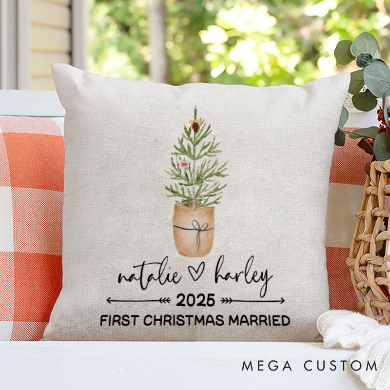 Personalized Couple First Christmas Married Pillow Newlyweds Name Pillow Xmas Tree and Heart Pillow 2025 Hubby Wifey Husband Wife Pillow for Him Her