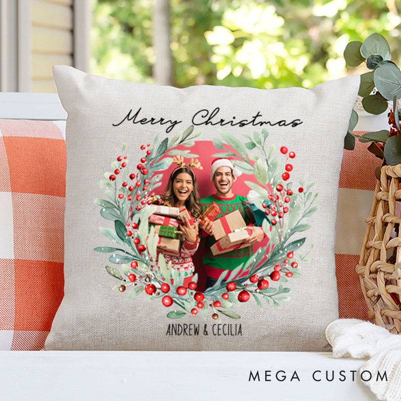 Personalized Couple Merry Christmas Wreath Pillow with Photo Custom Name Pillow Boyfriend Girlfriend Xmas Pillow Husband Wife Pillow for Him Her