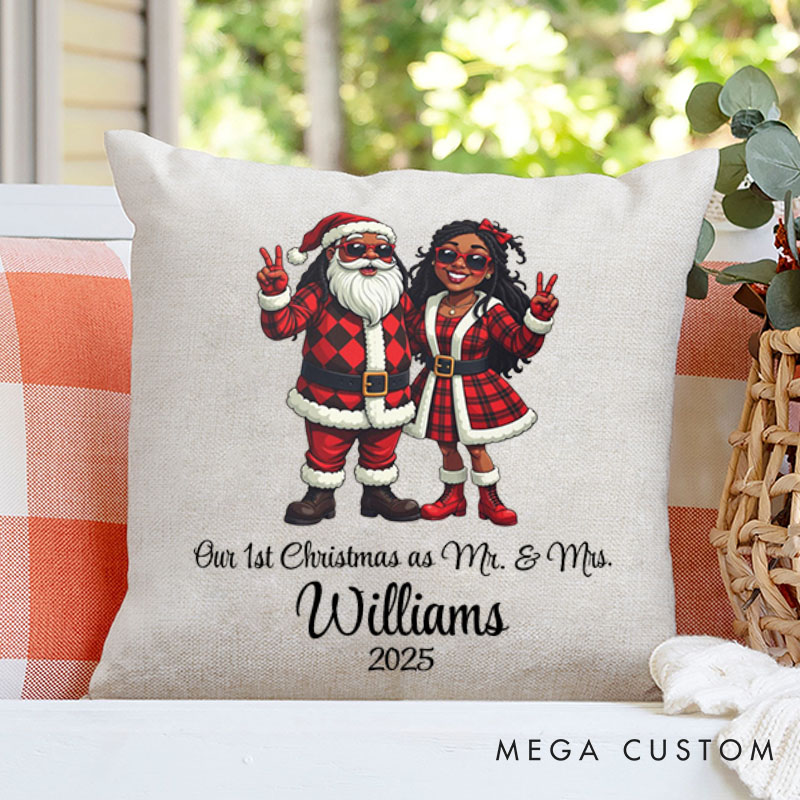 Personalized Santa Couple Our First Christmas as Mr. and Mrs. Pillow Newlyweds Name Pillow Xmas Pillow Hubby Wifey Husband Wife Pillow for Him Her