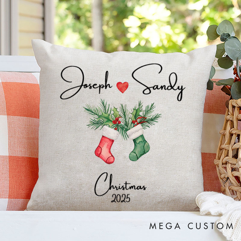 Personalized Couple Christmas Stocking Pillow Custom Couple Name with Heart Pillow Xmas Pillow Boyfriend Girlfriend Husband Wife Pillow for Him Her