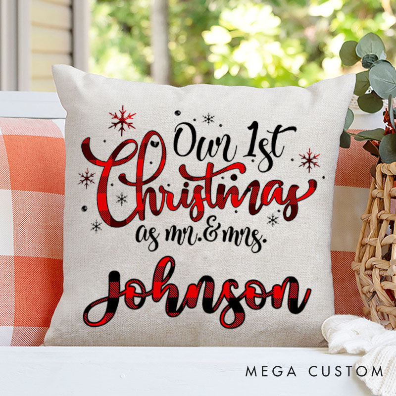 Personalized Couple Red Plaid Our First Christmas as Mr. and Mrs. Pillow Newlyweds Name Pillow Xmas Pillow Hubby Wifey Husband Wife Pillow for Him Her
