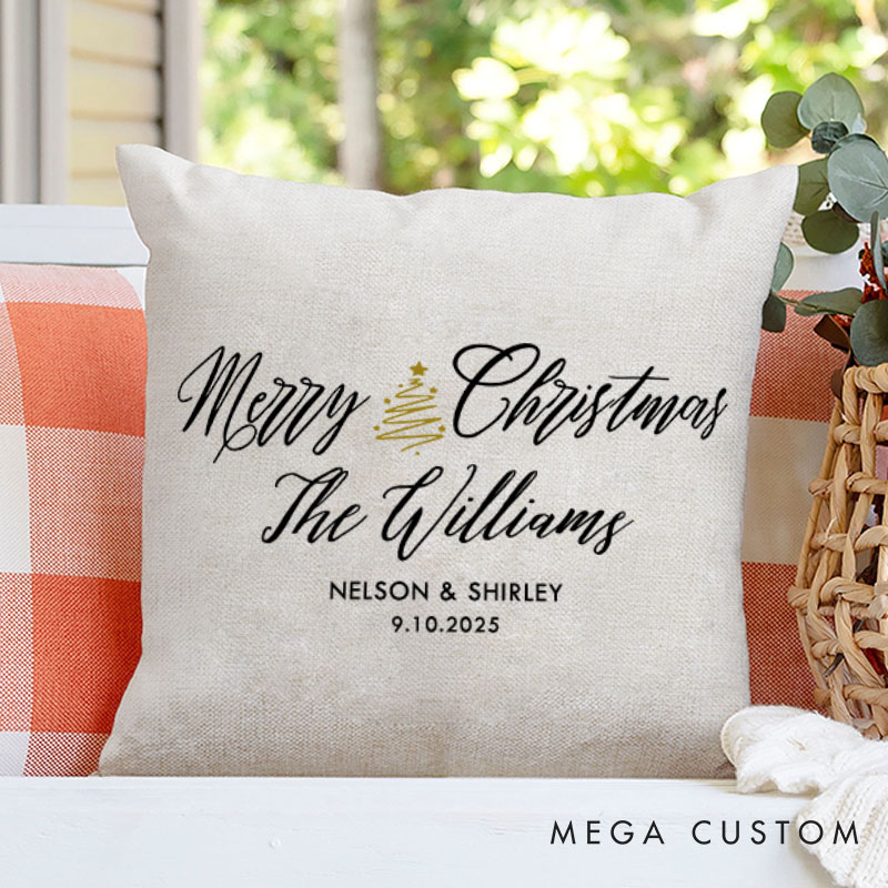 Personalized Couple Merry Christmas with Xmas Tree Pillow Newlyweds Name Pillow Xmas Pillow Hubby Wifey Husband Wife Pillow for Him Her