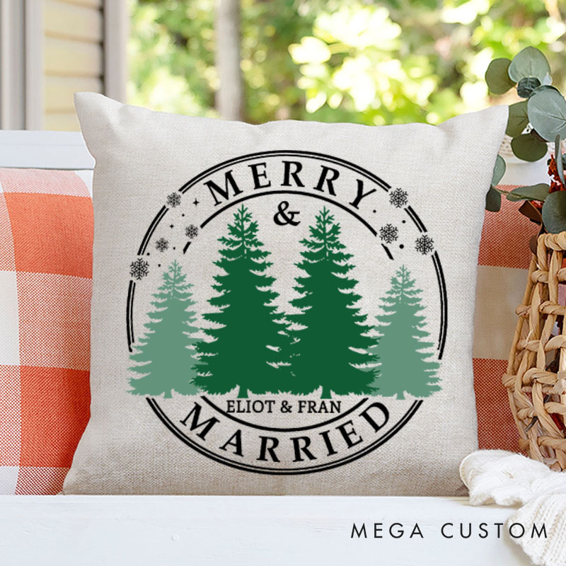 Personalized Couple Merry and Married Christmas Pillow Custom Newlyweds Name Pillow Xmas Tree Pillow Hubby Wifey Gift Husband Wife Pillow for Him Her