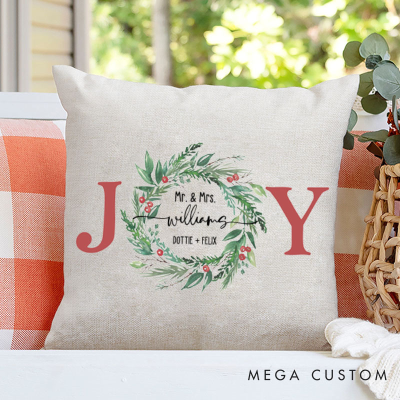Personalized Couple JOY with Wreath Christmas Pillow Custom Newlyweds Name Pillow Mr. and Mrs. Xmas Pillow Hubby Wifey Husband Wife Pillow for Him Her